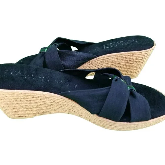 ✅Womens 8M Italian Shoemakers Sandals Wedge Heel Slip On Black Made in Italy - Picture 2 of 16